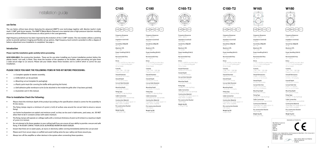 Monitor Audio 100 manual Installation guide, Series, Introduction, Prior to Installation Check the Following 