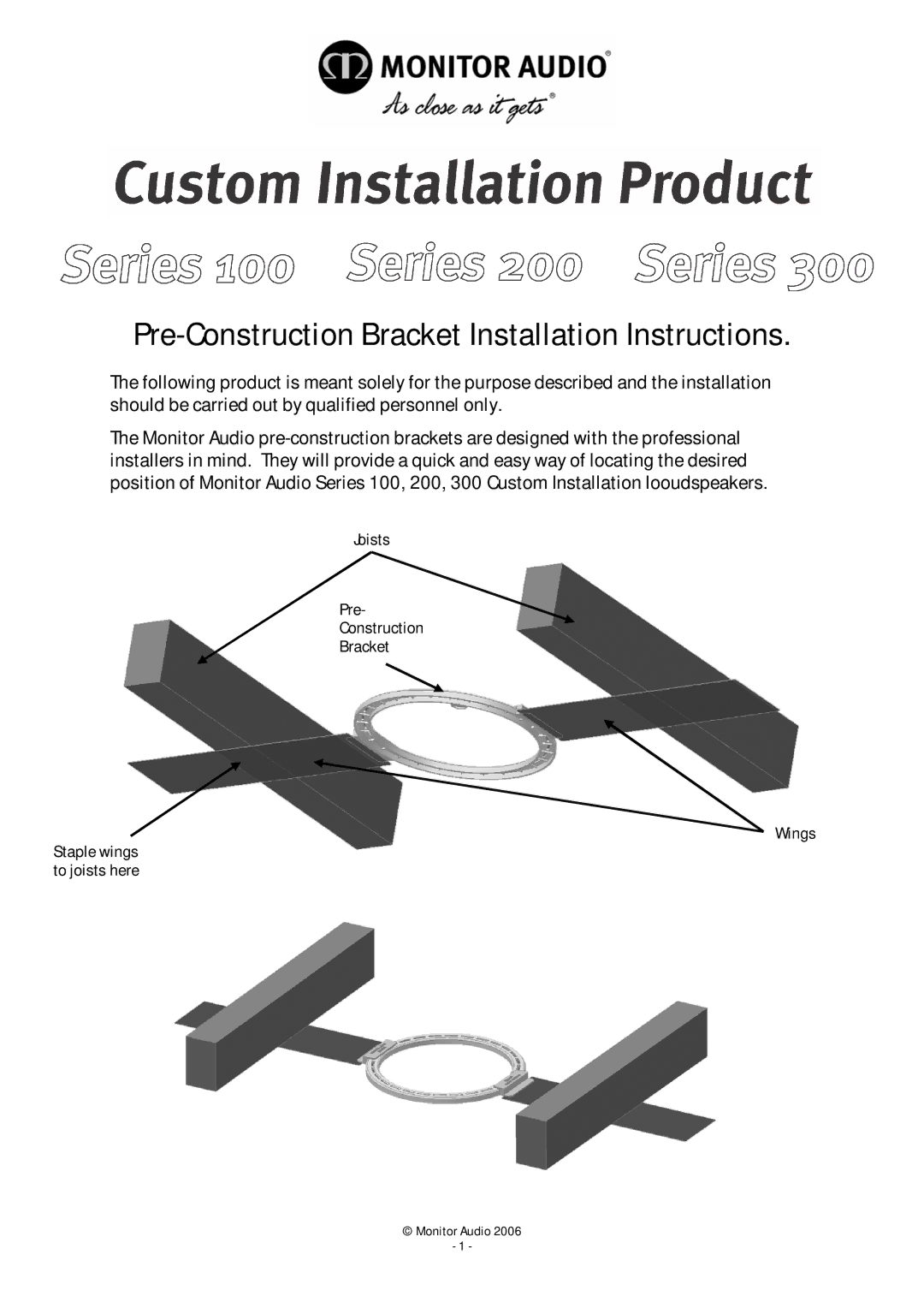 Monitor Audio 300 installation instructions Pre-Construction Bracket Installation Instructions 