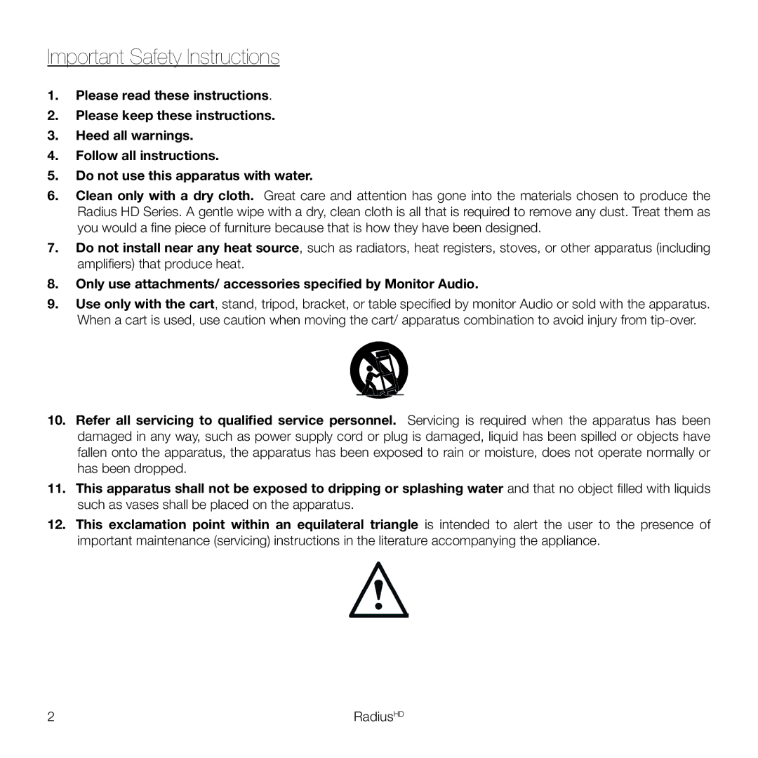 Monitor Audio 45 owner manual Important Safety Instructions 