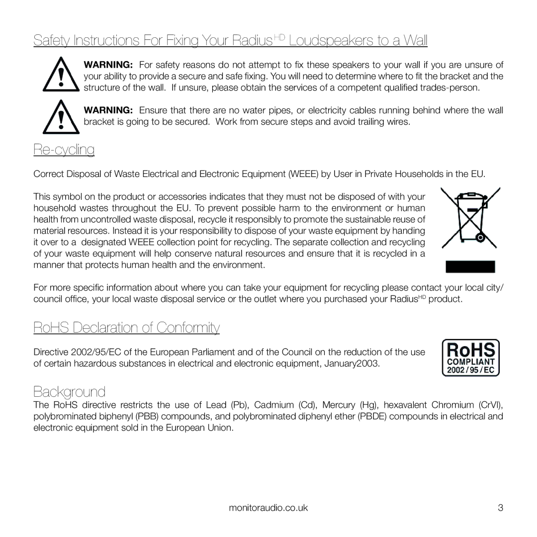 Monitor Audio 45 owner manual RoHS Declaration of Conformity, Background 