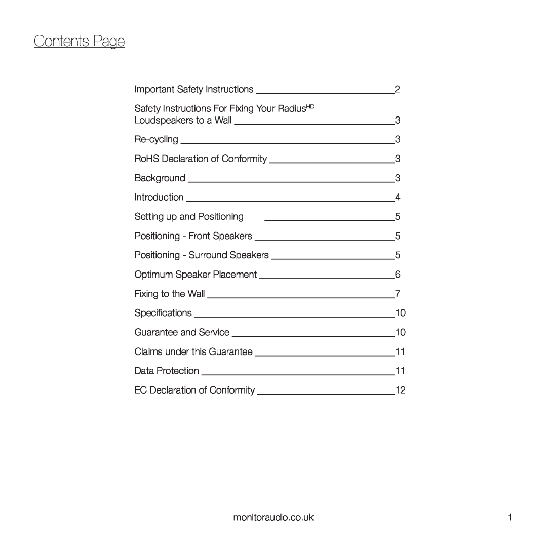 Monitor Audio 45 owner manual Contents Page 