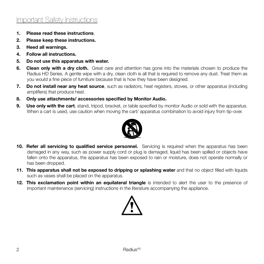 Monitor Audio 45 owner manual Important Safety Instructions 
