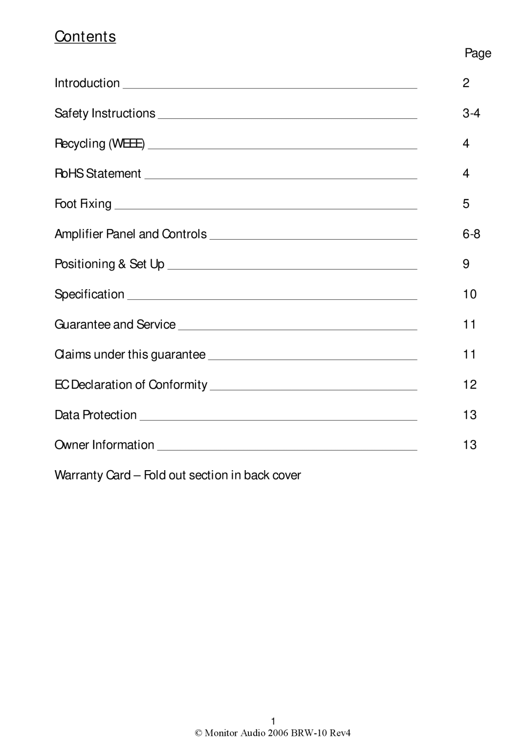 Monitor Audio BRW-10 warranty Contents 