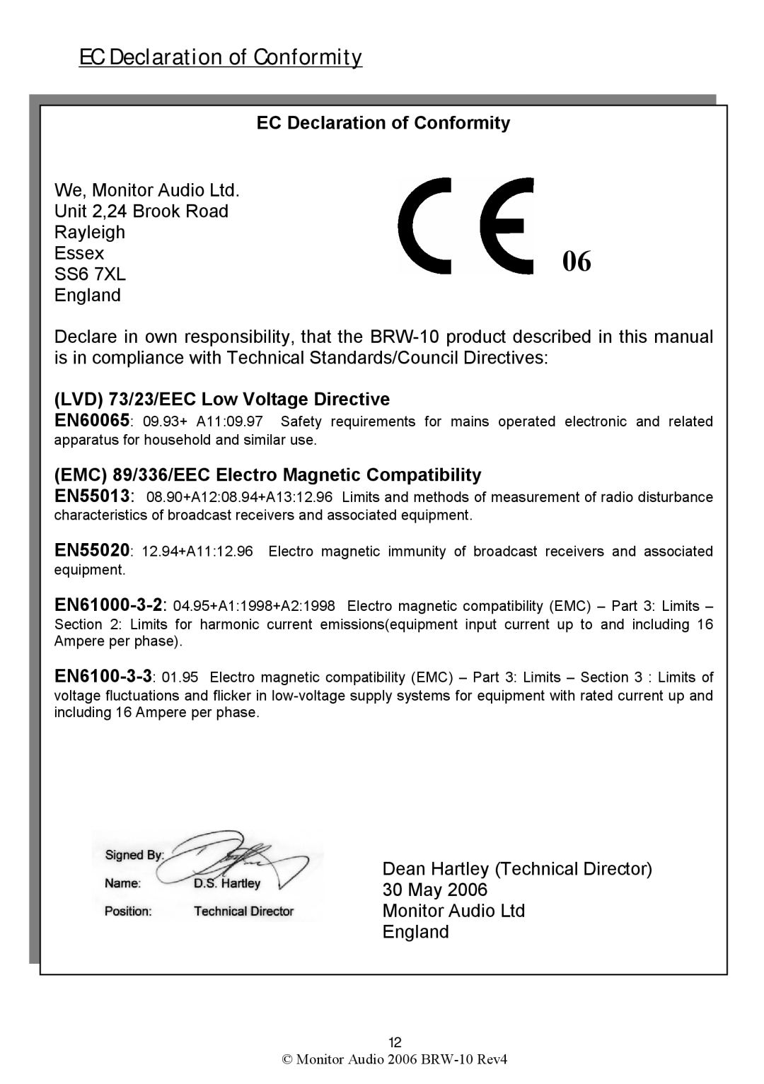 Monitor Audio BRW-10 warranty EC Declaration of Conformity, LVD 73/23/EEC Low Voltage Directive 