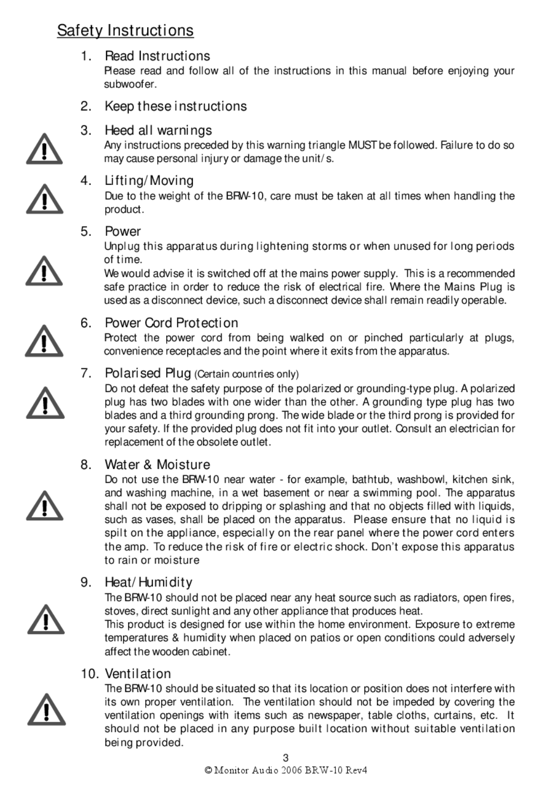 Monitor Audio BRW-10 warranty Safety Instructions 