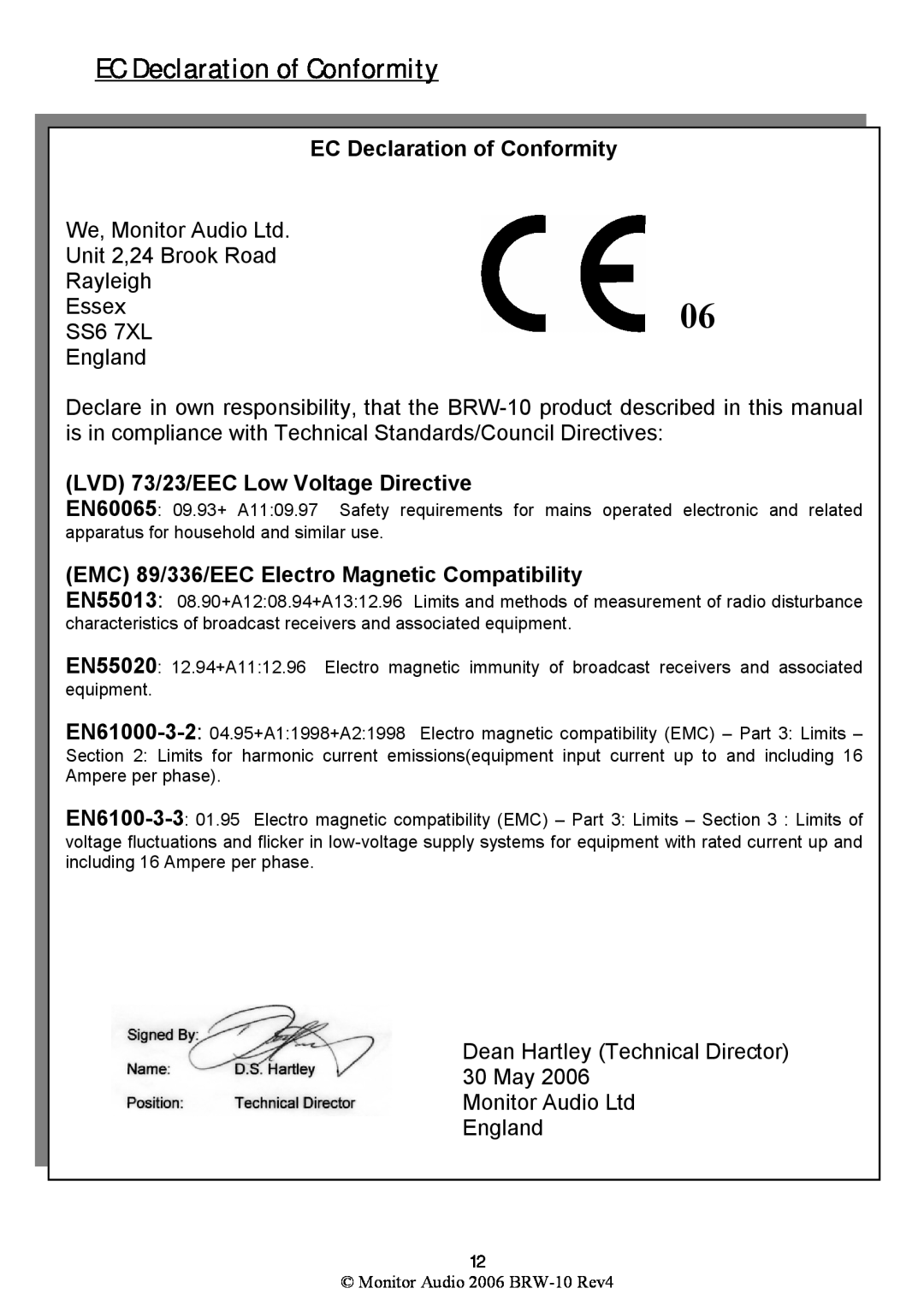 Monitor Audio BRW-10 warranty EC Declaration of Conformity, LVD 73/23/EEC Low Voltage Directive 