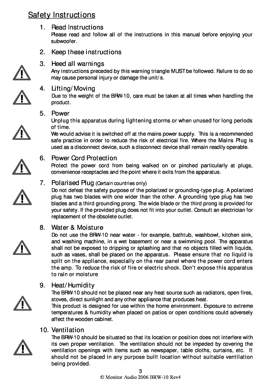 Monitor Audio BRW-10 Safety Instructions, Read Instructions, Keep these instructions 3.Heed all warnings, Lifting/Moving 