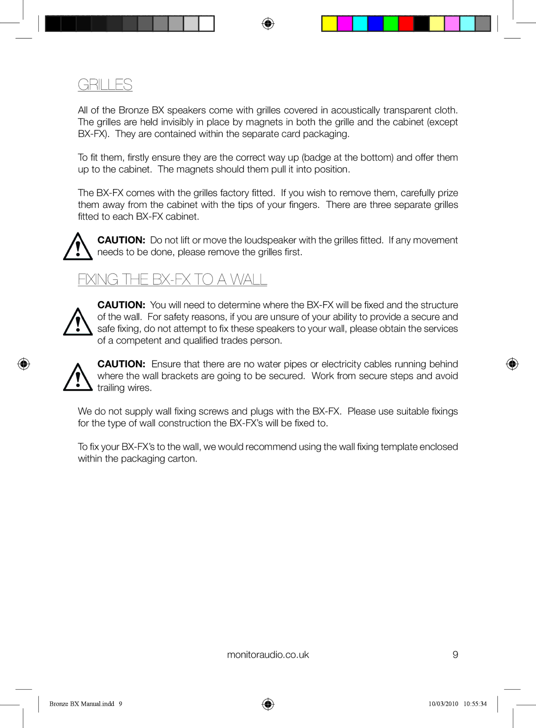 Monitor Audio BX Series owner manual Grilles, Fixing the BX-FX to a wall 