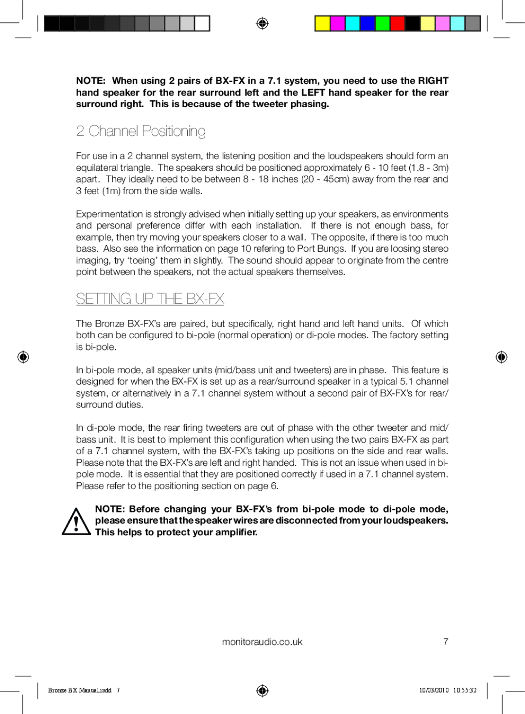 Monitor Audio BX Series owner manual Channel Positioning, Setting up the BX-FX 