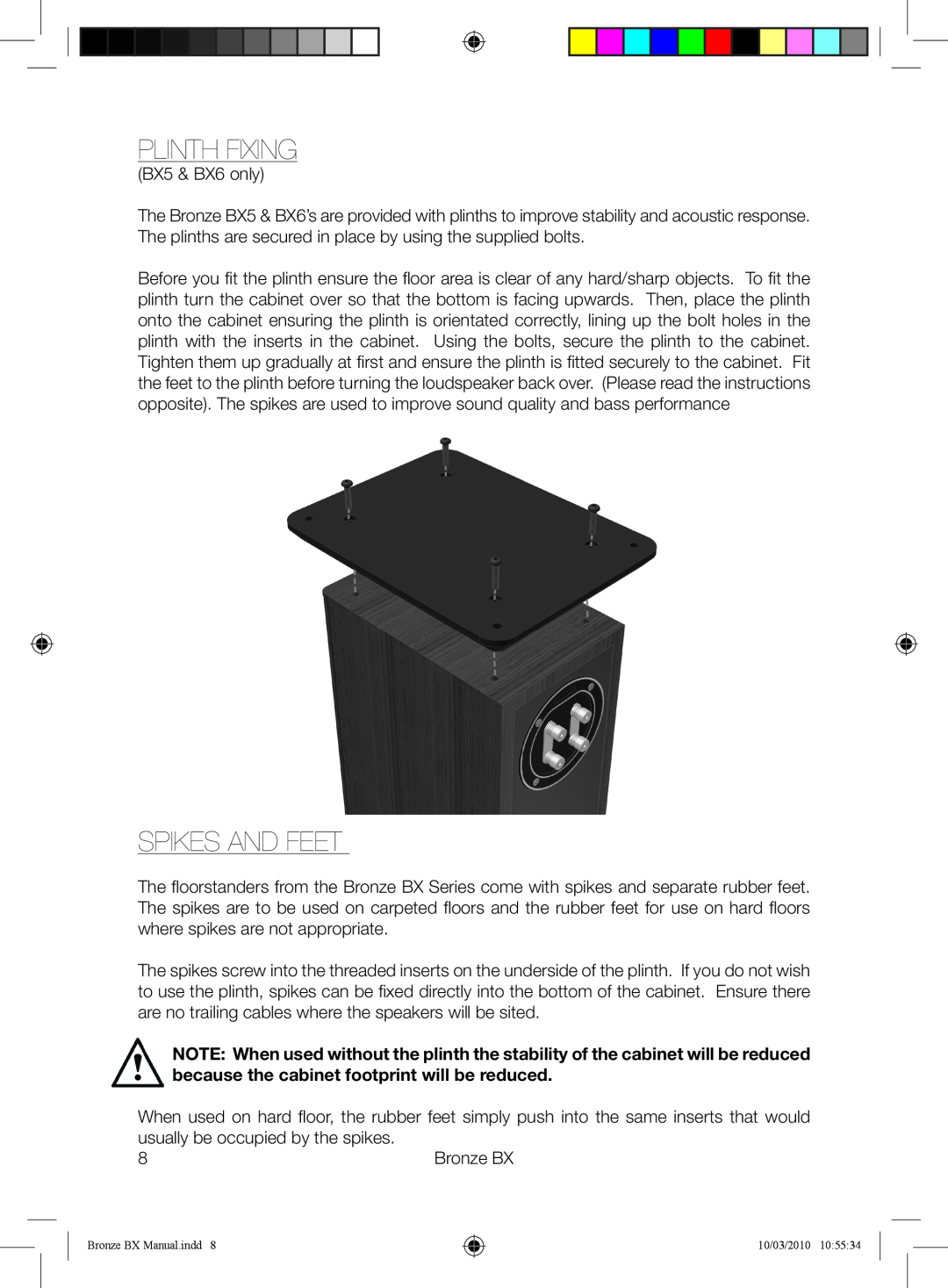 Monitor Audio BX Series owner manual Plinth Fixing, Spikes and feet 