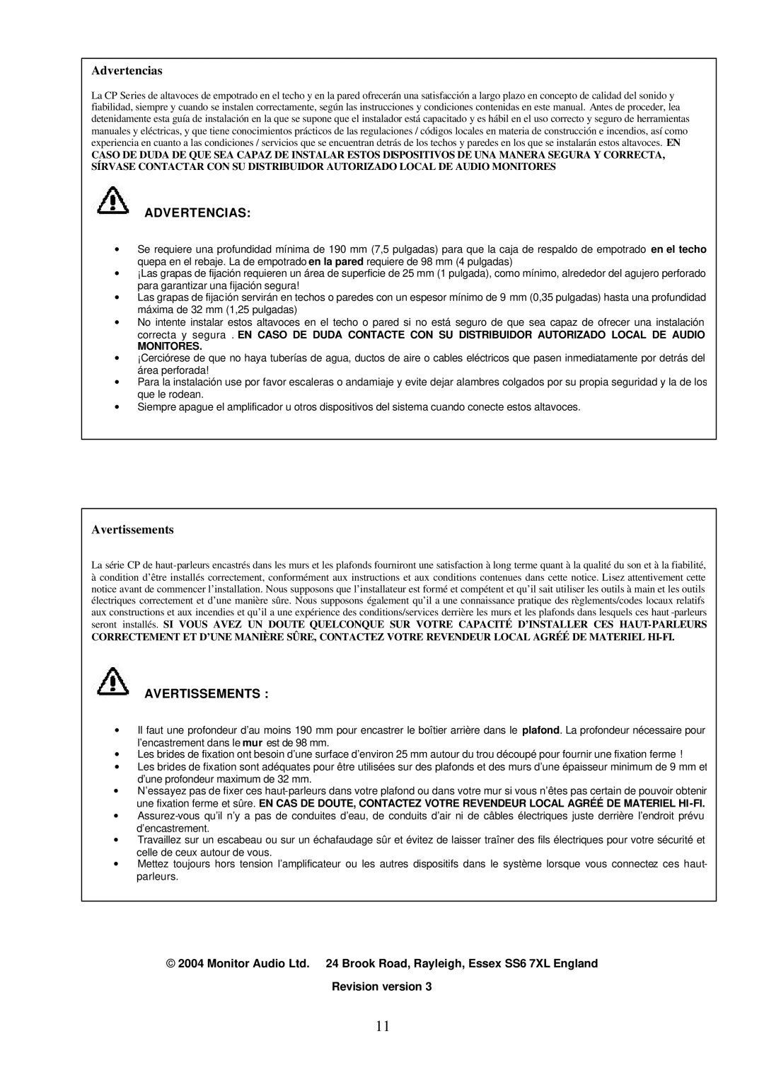 Monitor Audio EN 50082-1, EN 55013, EN 50020 technical specifications Advertencias, Avertissements 