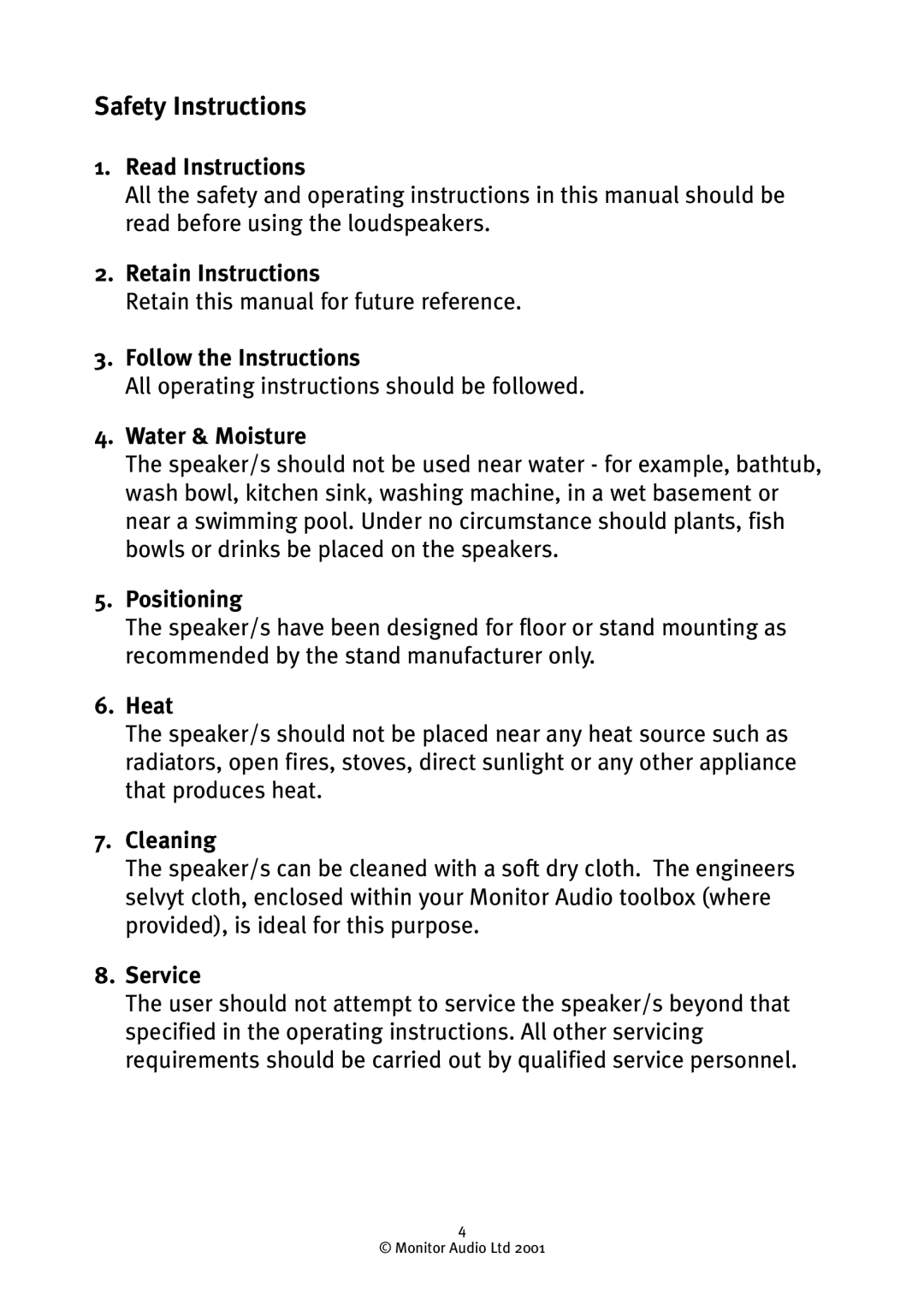 Monitor Audio GR10 owner manual Safety Instructions 