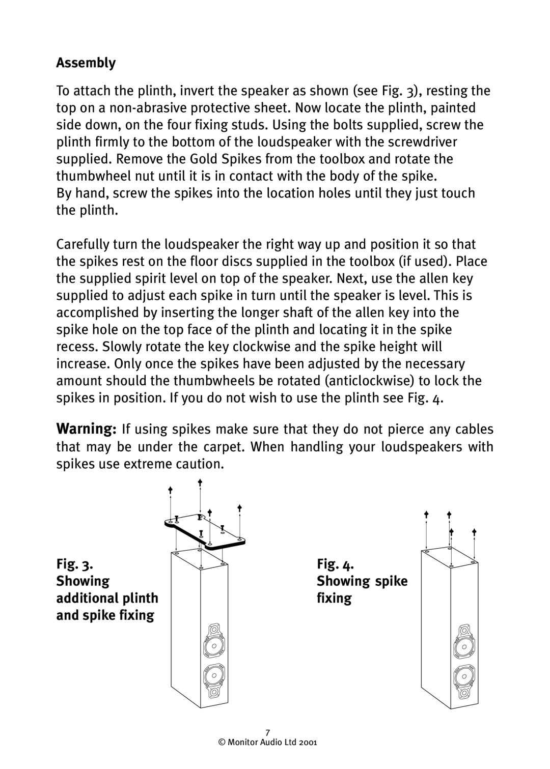 Monitor Audio GR10 owner manual Assembly, Showing additional plinth and spike fixing 