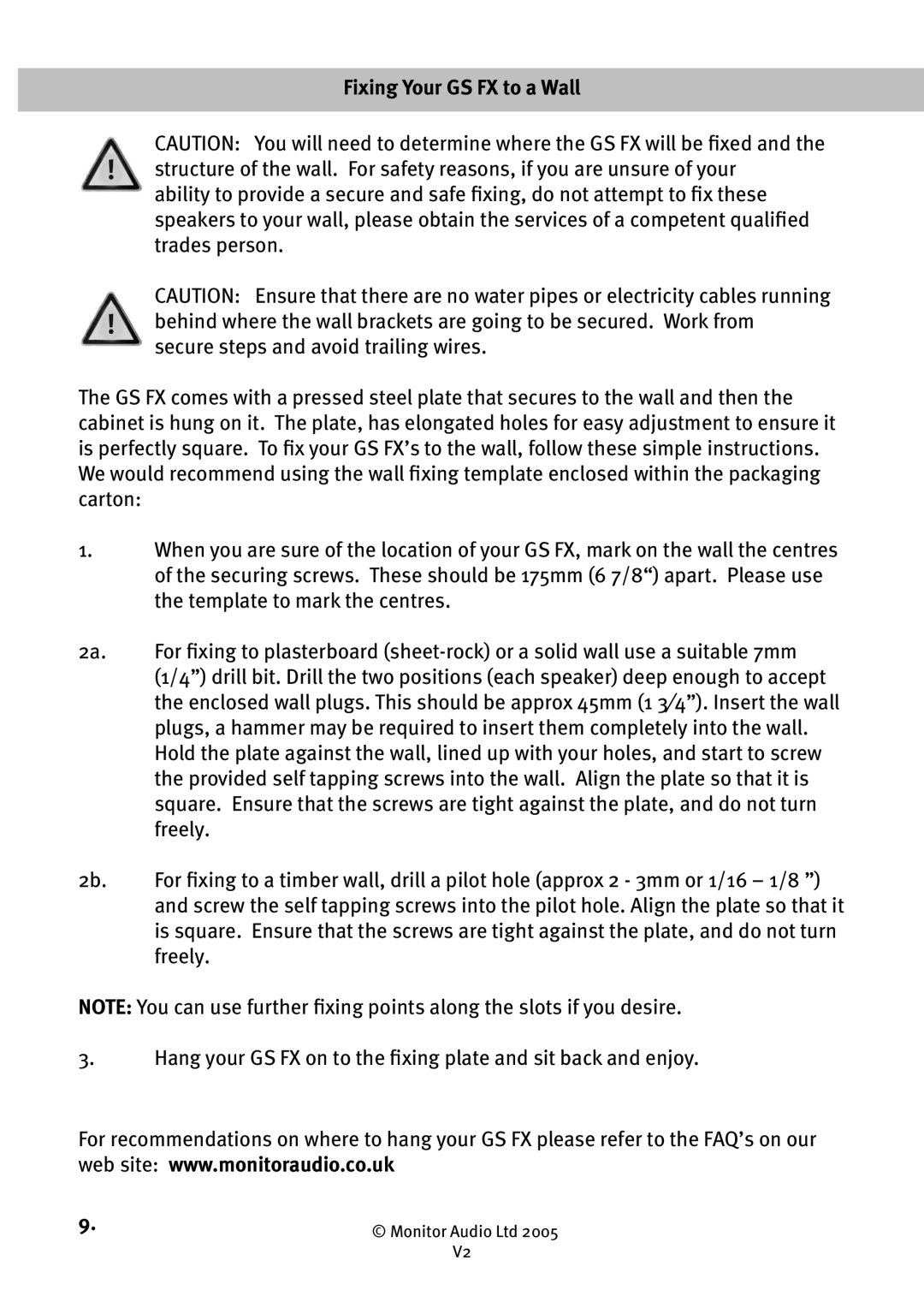 Monitor Audio GS LCR owner manual Fixing Your GS FX to a Wall 