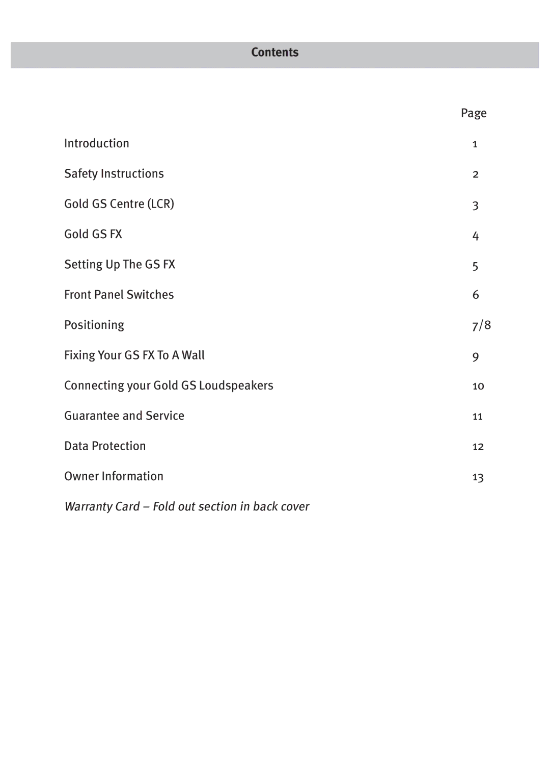 Monitor Audio GS LCR, GS FX owner manual Contents 