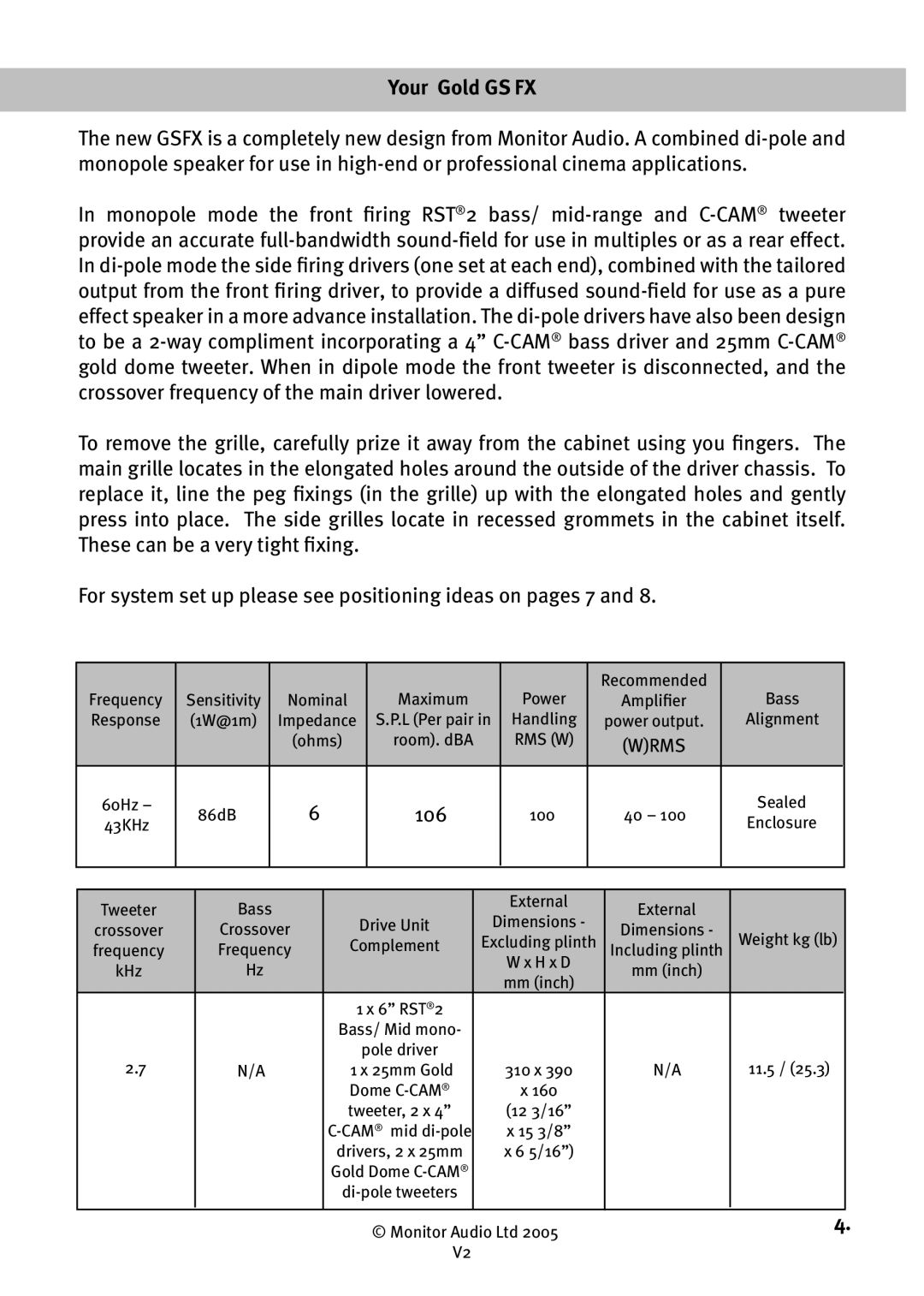 Monitor Audio GS LCR owner manual Your Gold GS FX, 106 