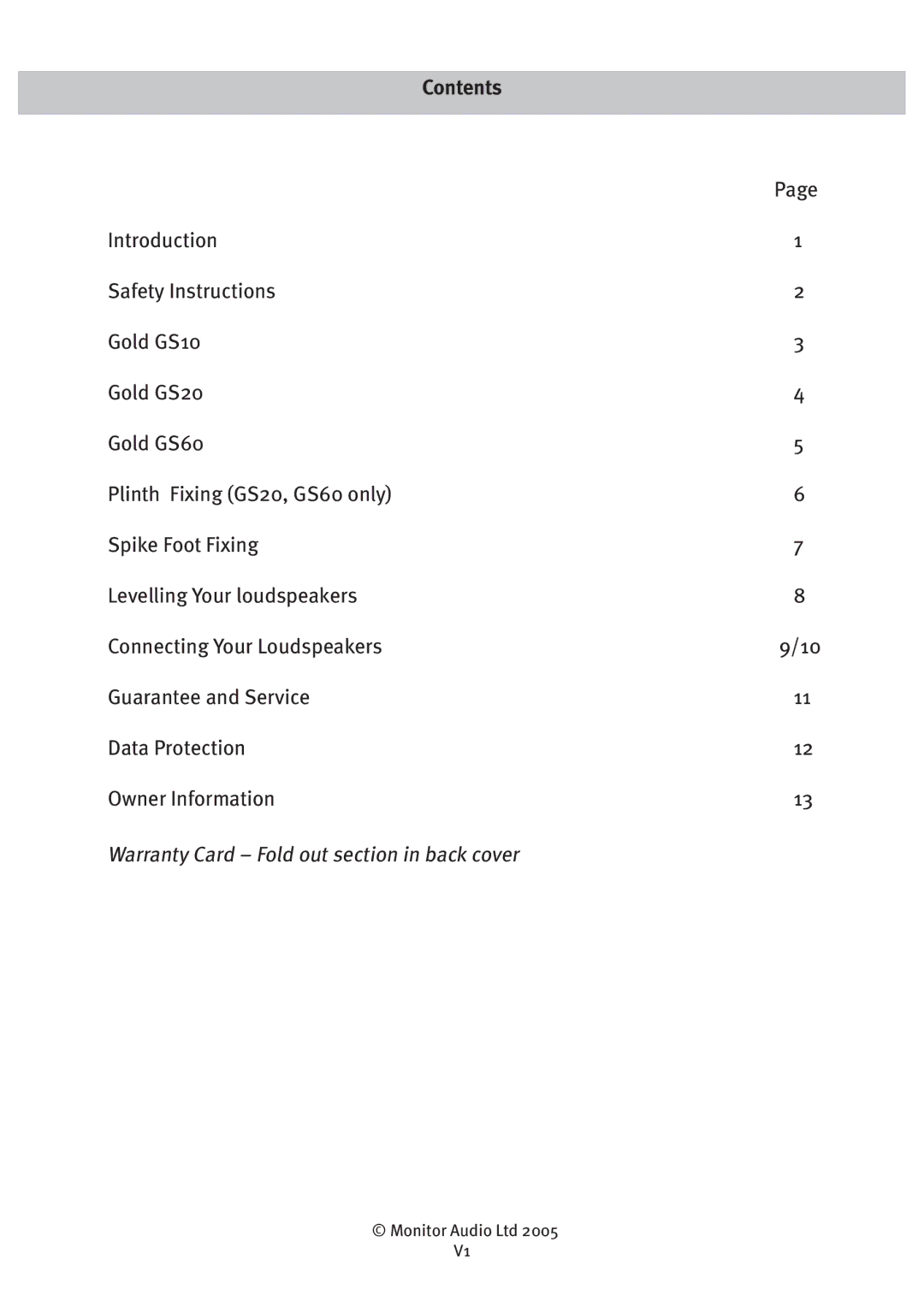 Monitor Audio GS20, GS60, GS10 owner manual Contents 