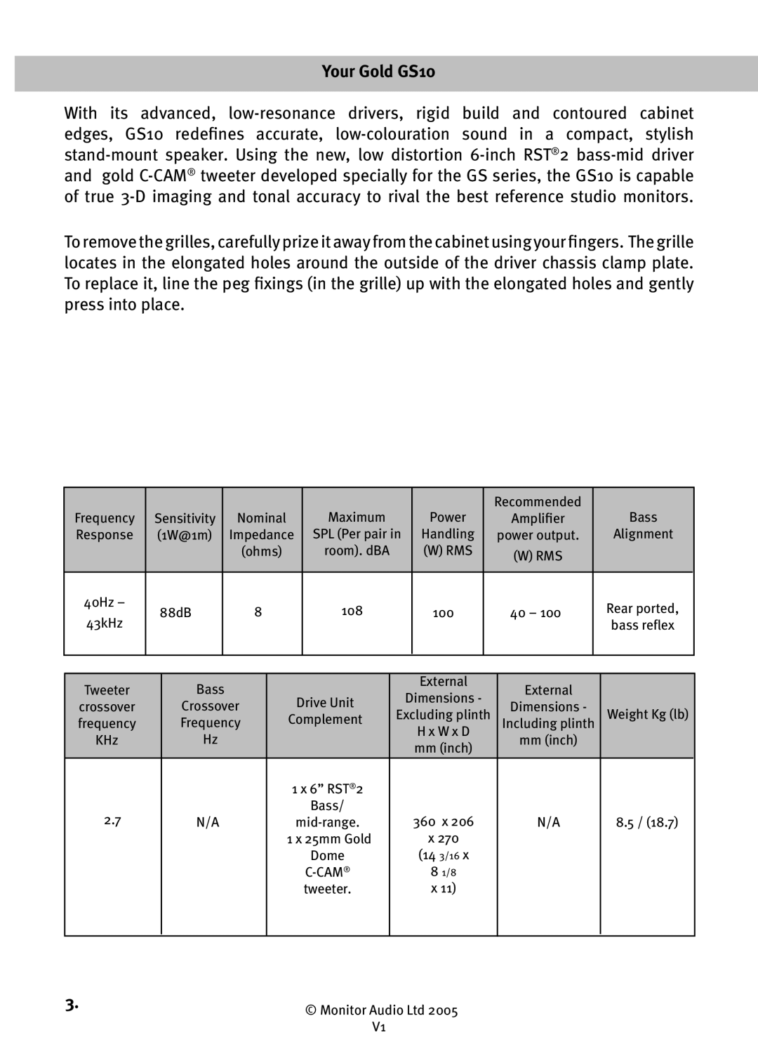 Monitor Audio GS20, GS60 owner manual Your Gold GS10, 88dB 108 