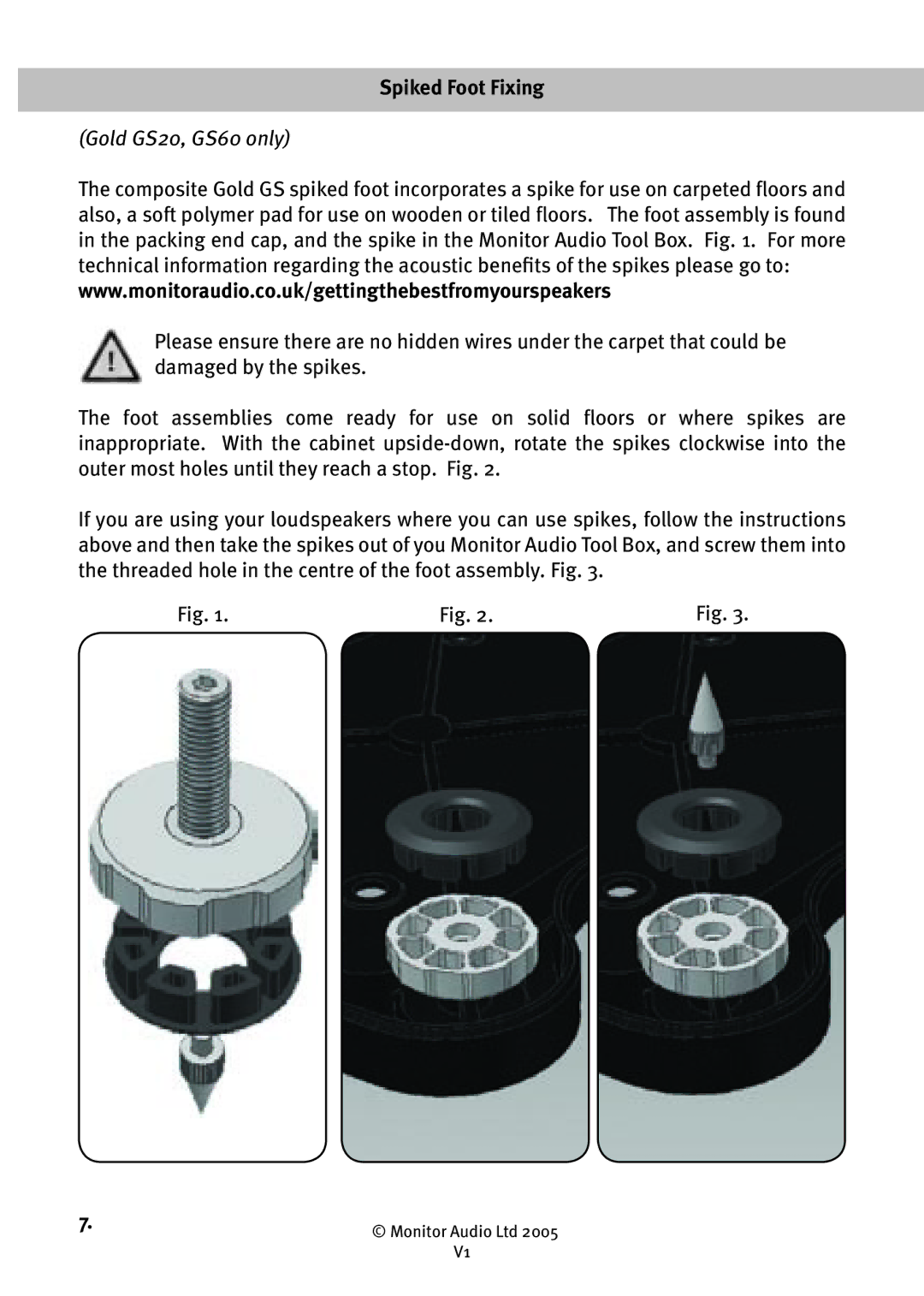 Monitor Audio GS10 owner manual Spiked Foot Fixing, Gold GS20, GS60 only 