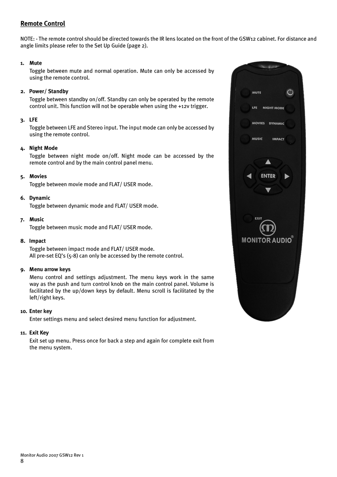 Monitor Audio GSW12 user manual Remote Control 