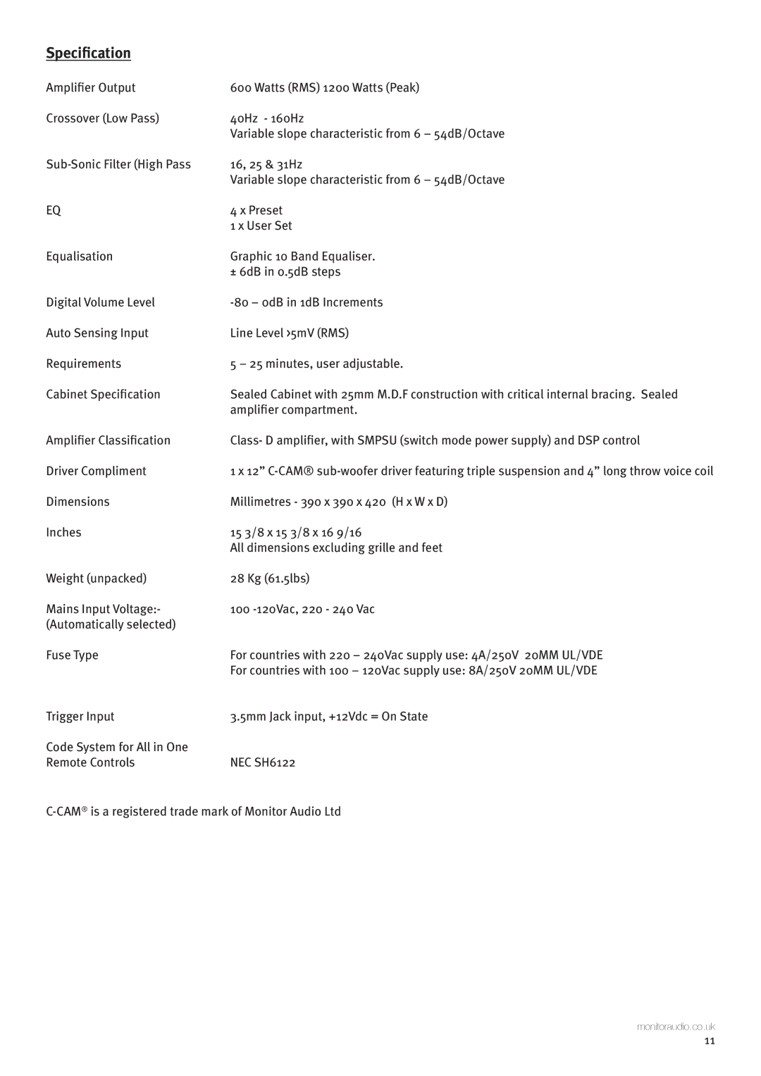 Monitor Audio GSW12 user manual Specification 