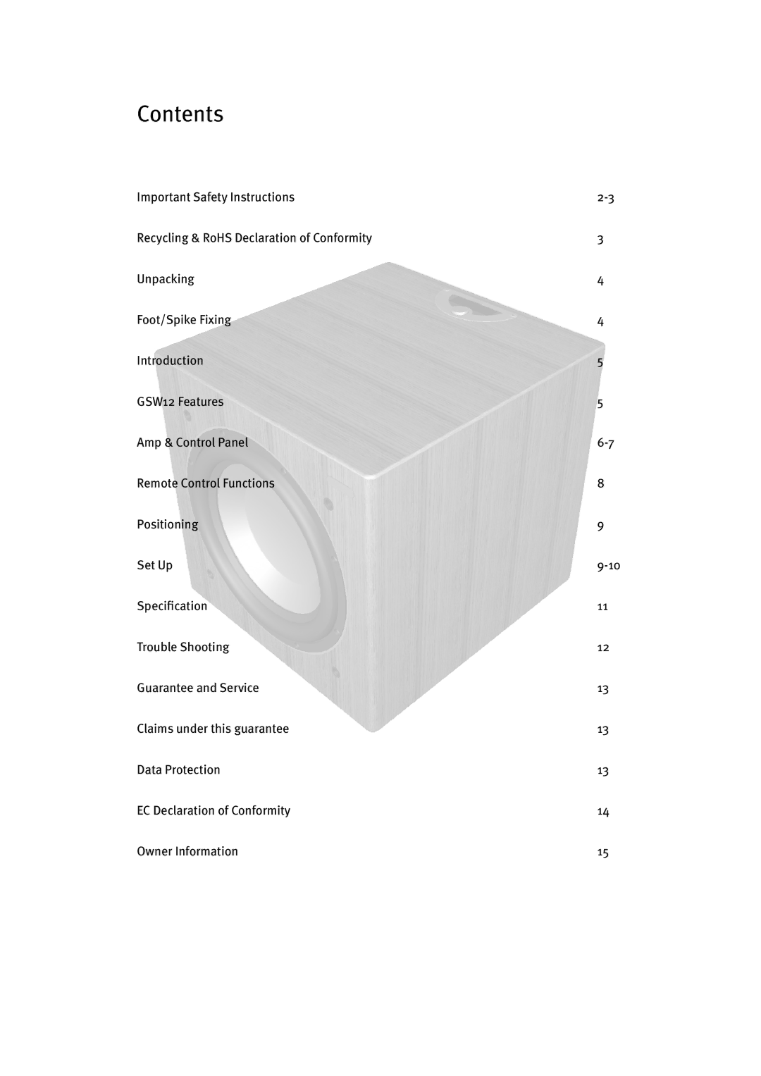 Monitor Audio GSW12 user manual Contents 