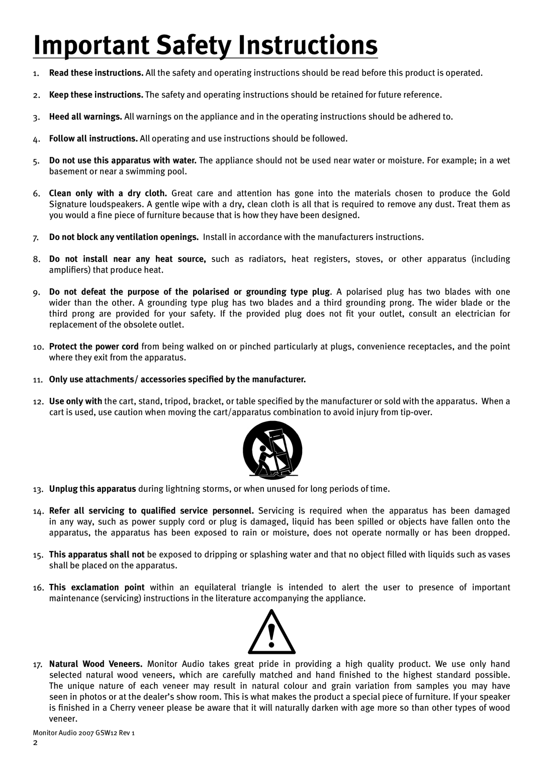 Monitor Audio GSW12 user manual Important Safety Instructions 