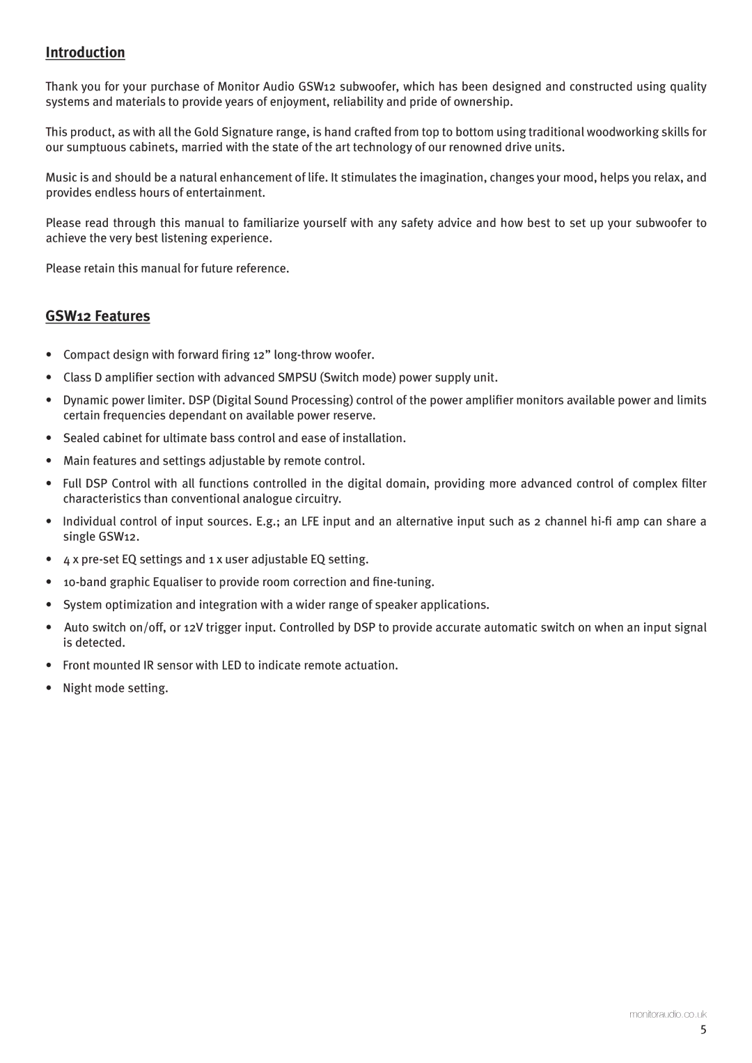 Monitor Audio user manual Introduction, GSW12 Features 