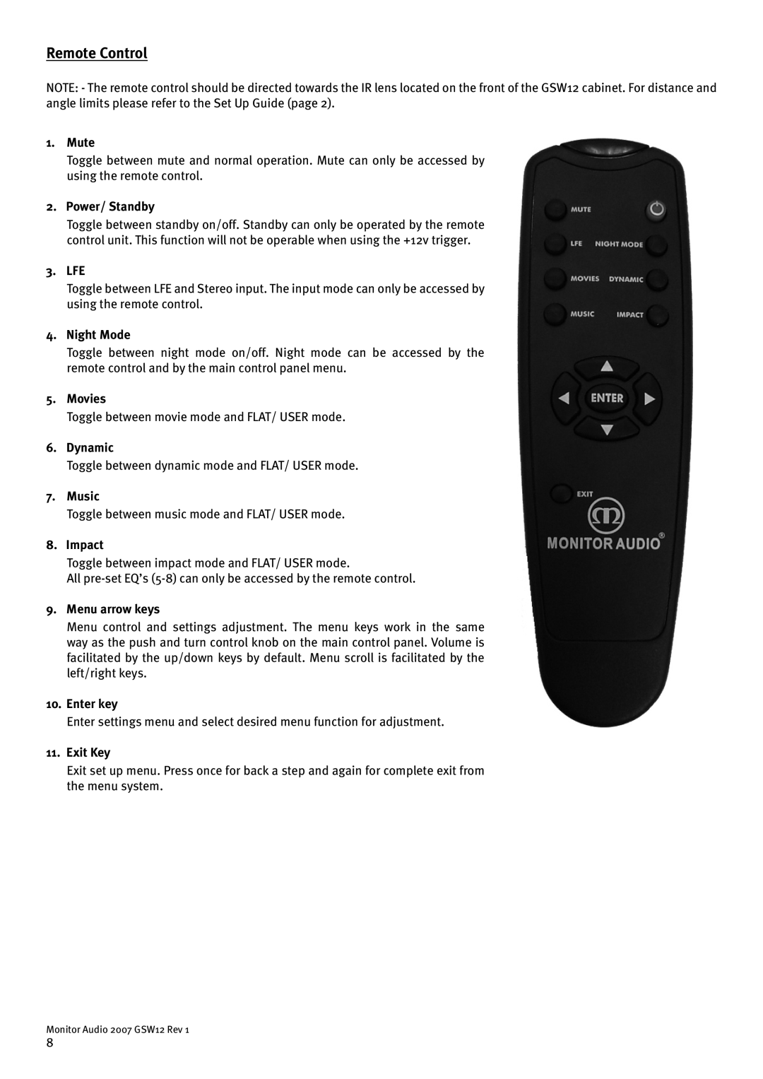 Monitor Audio GSW12 Remote Control, Mute, Power/ Standby, 3.LFE, Night Mode, Movies, Dynamic, Music, Impact, Enter key 