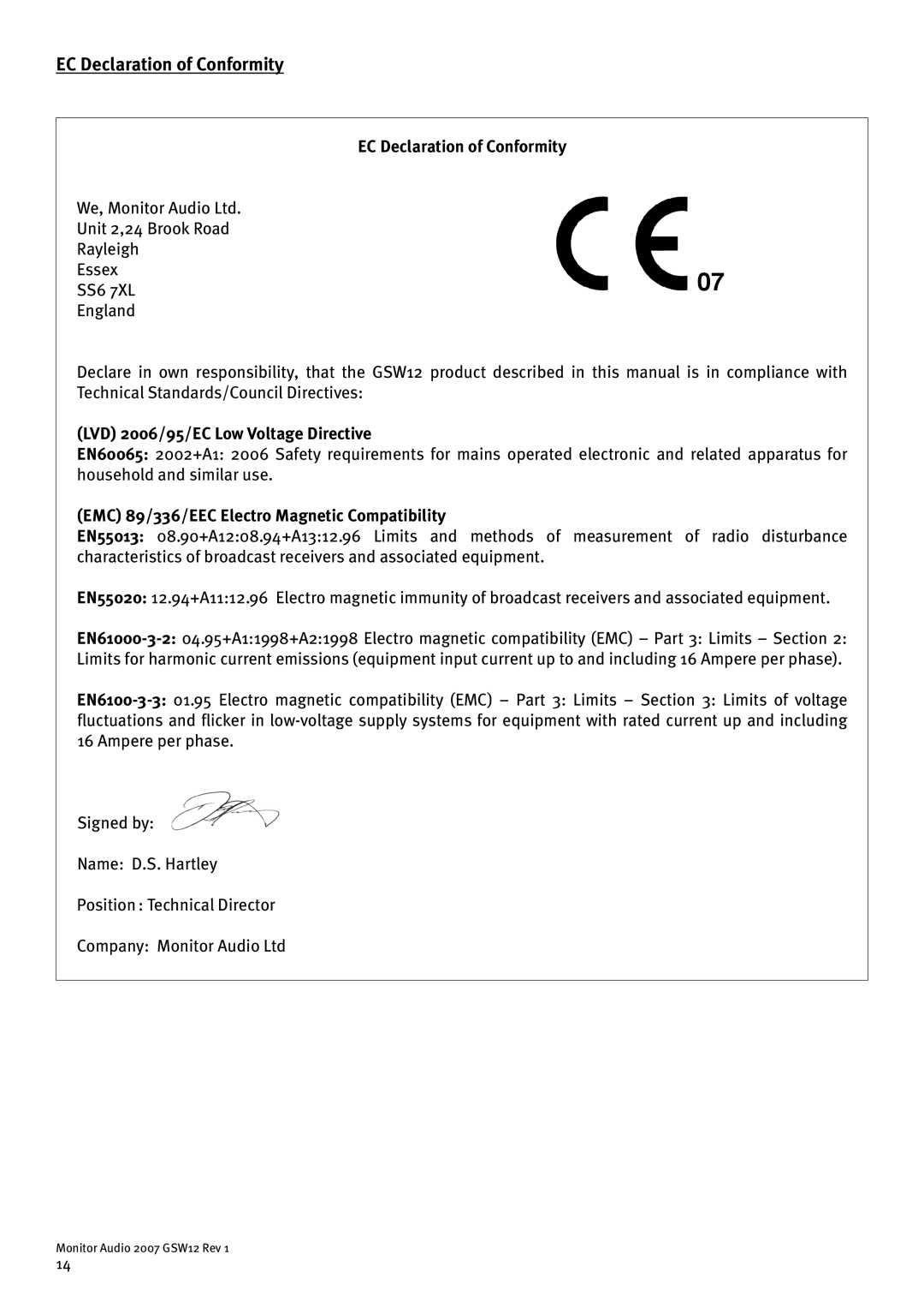 Monitor Audio GSW12 user manual EC Declaration of Conformity, LVD 2006/95/EC Low Voltage Directive 