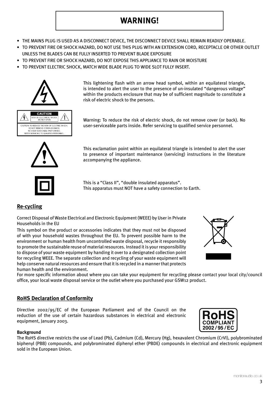 Monitor Audio GSW12 user manual Re-cycling, RoHS Declaration of Conformity, Background 