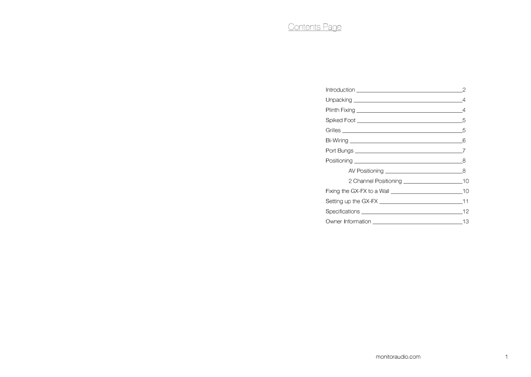 Monitor Audio GXC 350, GX-FX, GXC 150 owner manual Contents 