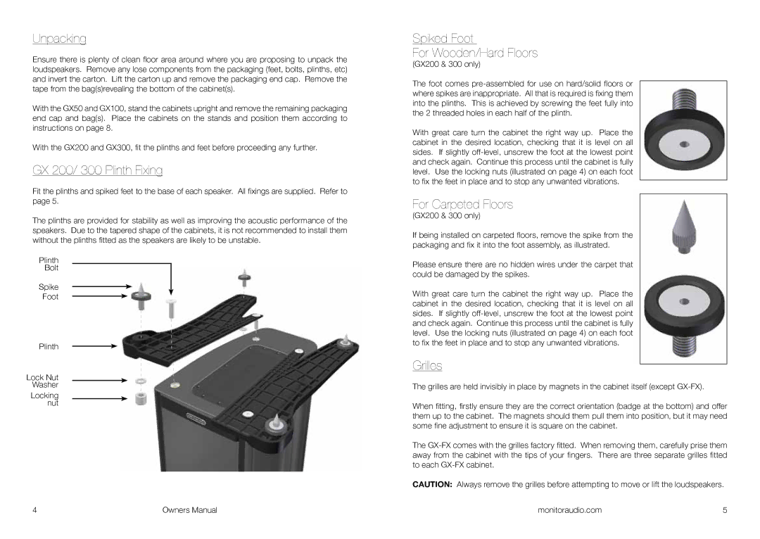 Monitor Audio GXC 150, GX-FX Unpacking, GX 200/ 300 Plinth Fixing, Spiked Foot For Wooden/Hard Floors, For Carpeted Floors 