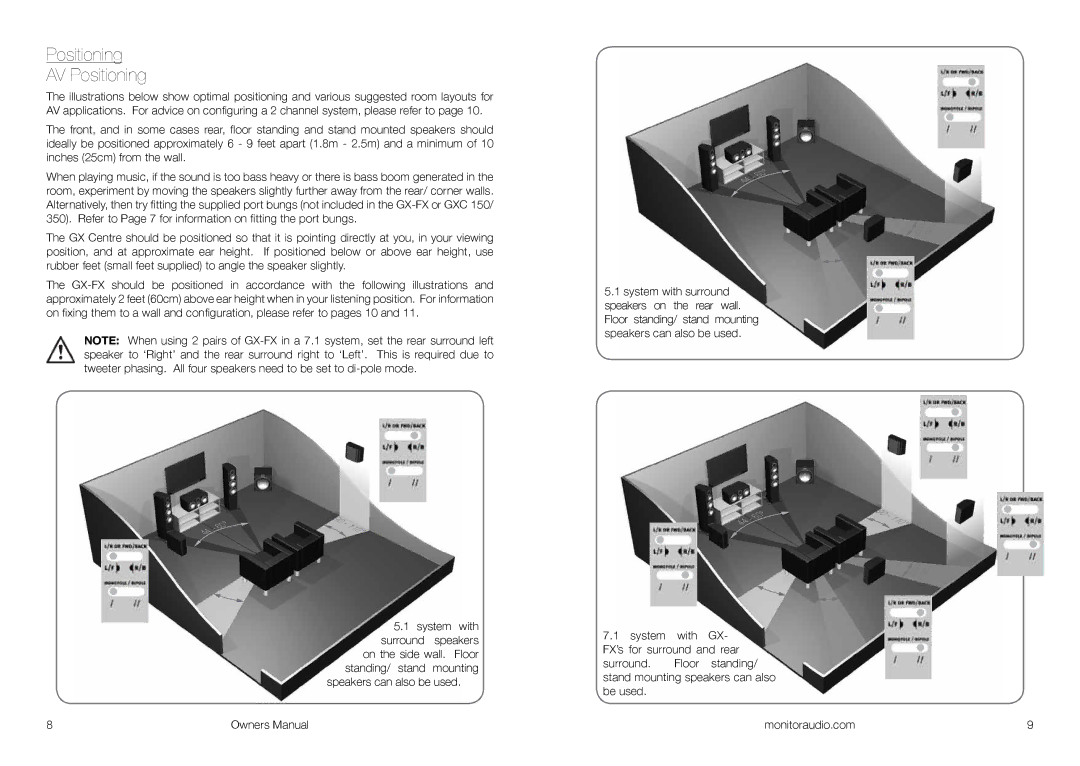 Monitor Audio GX-FX, GXC 150, GXC 350 owner manual Positioning AV Positioning 