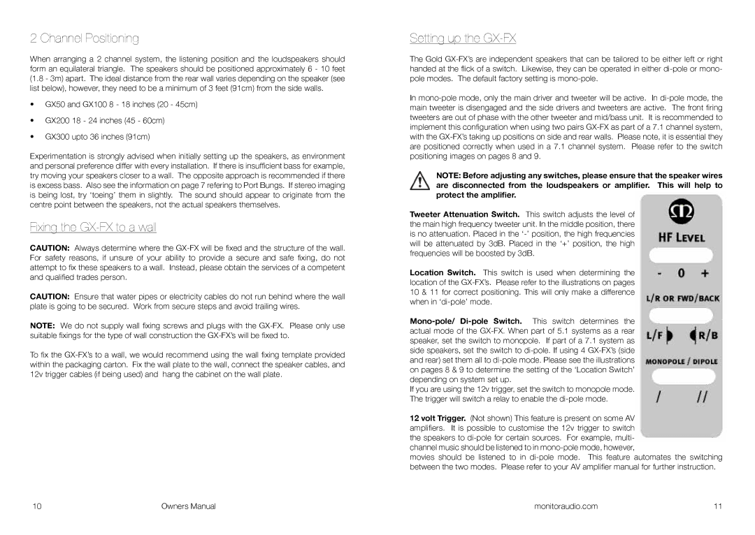 Monitor Audio GXC 150, GXC 350 owner manual Channel Positioning, Fixing the GX-FX to a wall, Setting up the GX-FX 