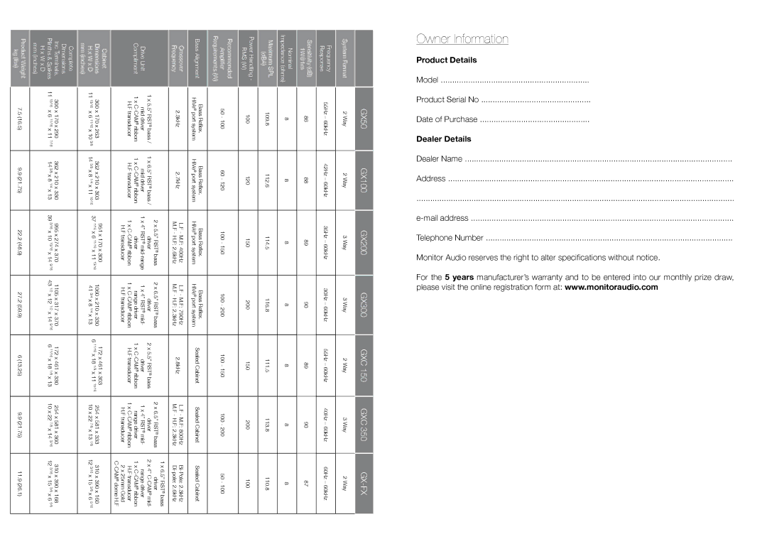 Monitor Audio GXC 350, GX-FX, GXC 150 owner manual Owner Information, Dealer Details 