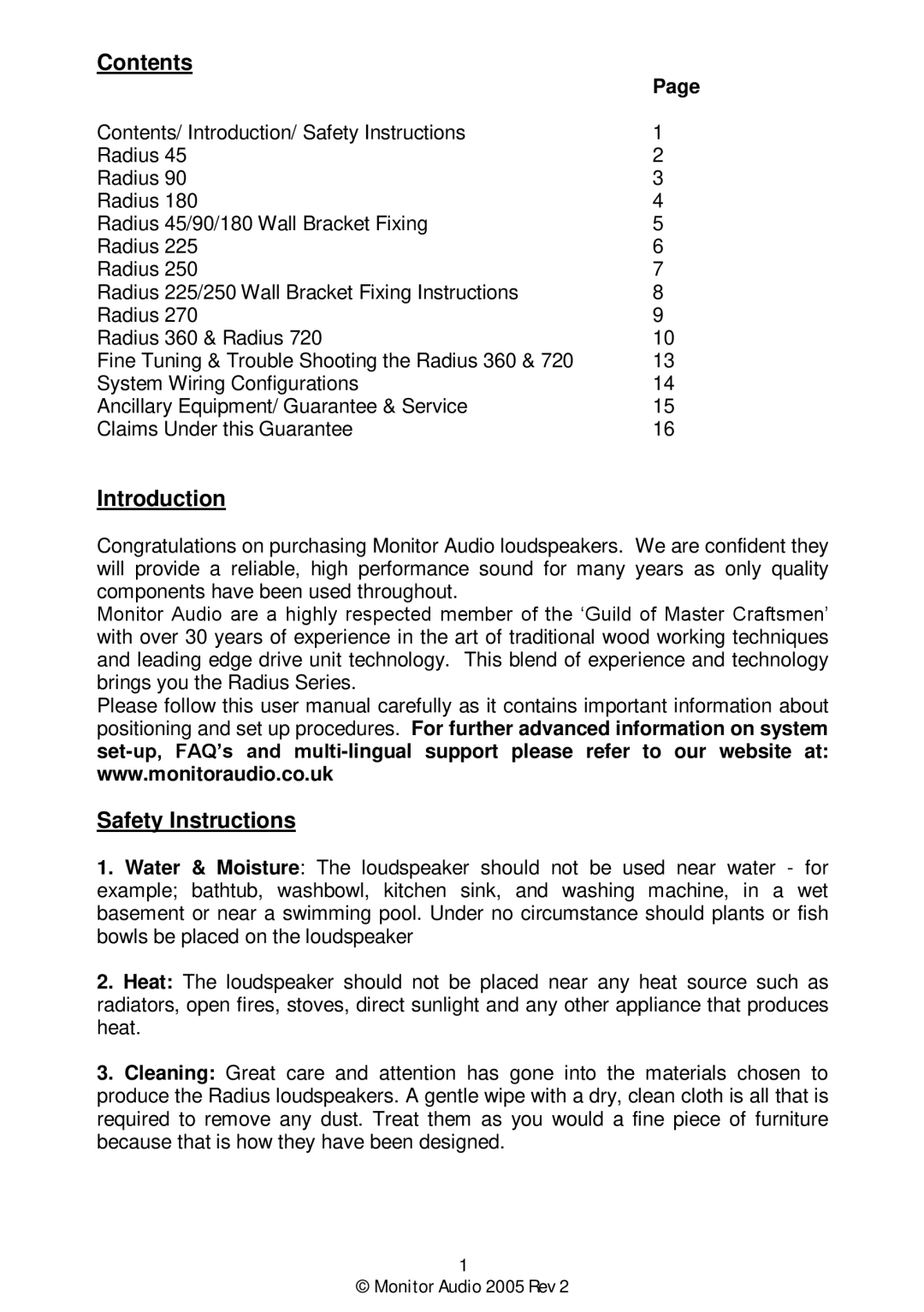 Monitor Audio Monitor Audio 2005 Rev 2 user manual Contents, Introduction, Safety Instructions 