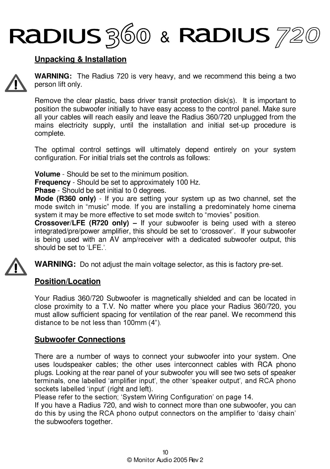 Monitor Audio Monitor Audio 2005 Rev 2 user manual Unpacking & Installation, Position/Location, Subwoofer Connections 