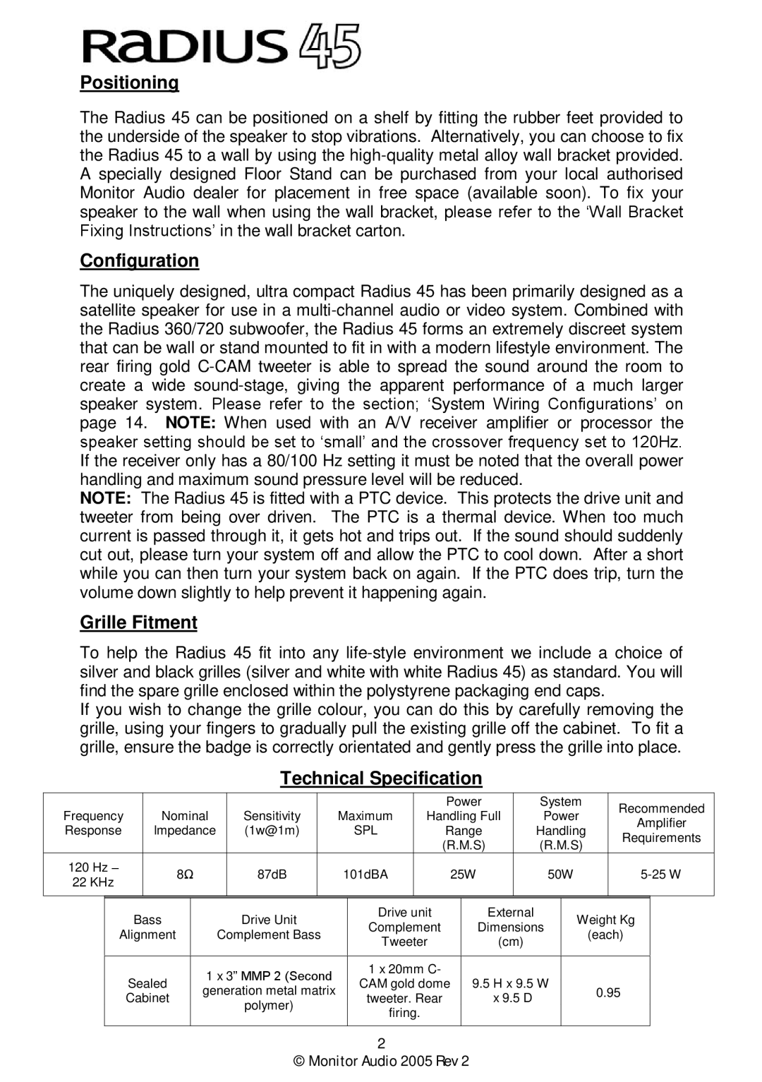 Monitor Audio Monitor Audio 2005 Rev 2 user manual Positioning, Configuration, Grille Fitment, Technical Specification 