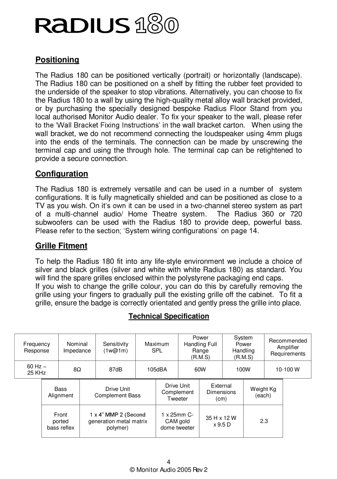 Monitor Audio Monitor Audio 2005 Rev 2 user manual Technical Specification 