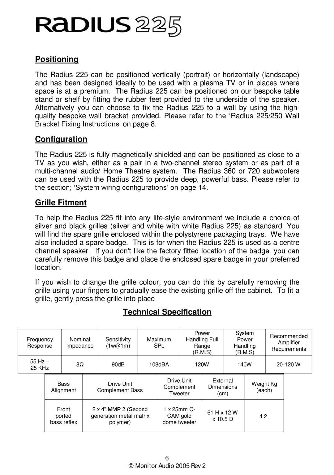 Monitor Audio Monitor Audio 2005 Rev 2 user manual D Bass reflex 