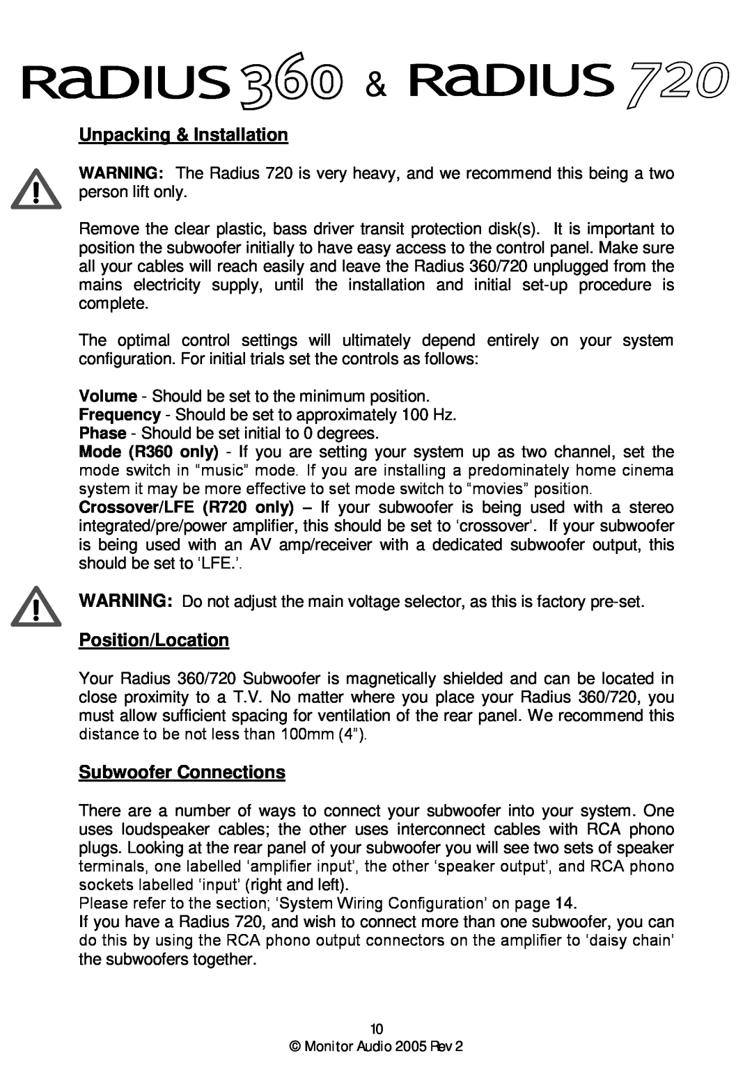 Monitor Audio Monitor Audio 2005 Rev 2 user manual Unpacking & Installation, Position/Location, Subwoofer Connections 