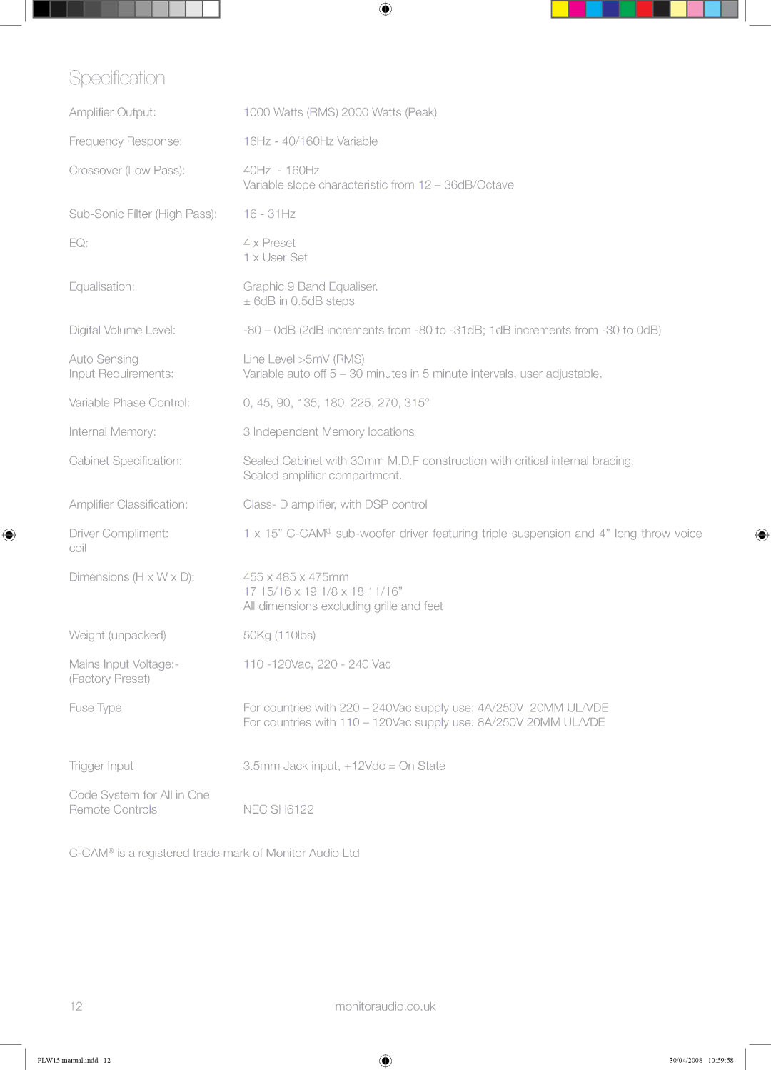 Monitor Audio PLW-15 manual Specification 