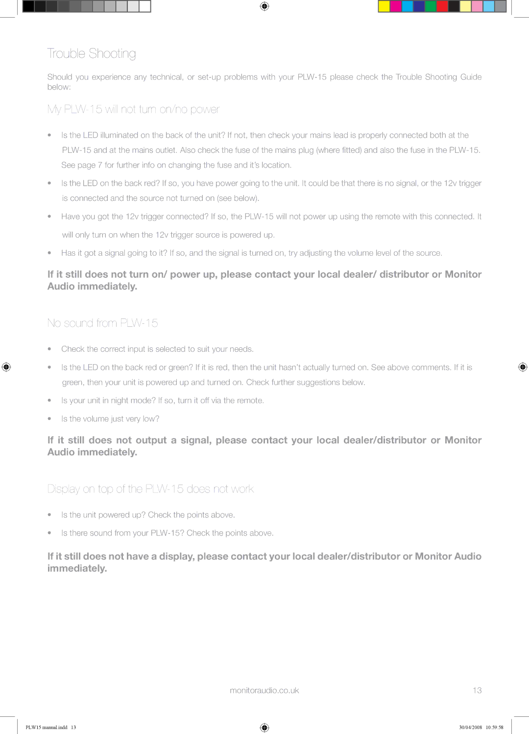 Monitor Audio manual Trouble Shooting, My PLW-15 will not turn on/no power, No sound from PLW-15 