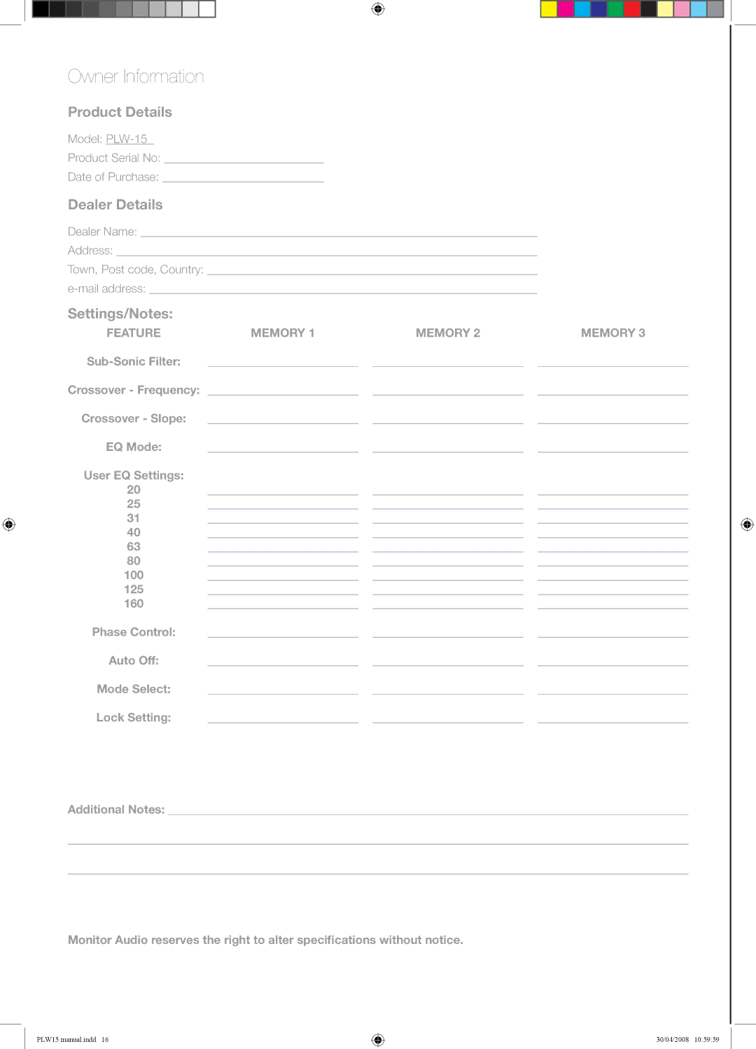 Monitor Audio PLW-15 manual Owner Information, Settings/Notes 