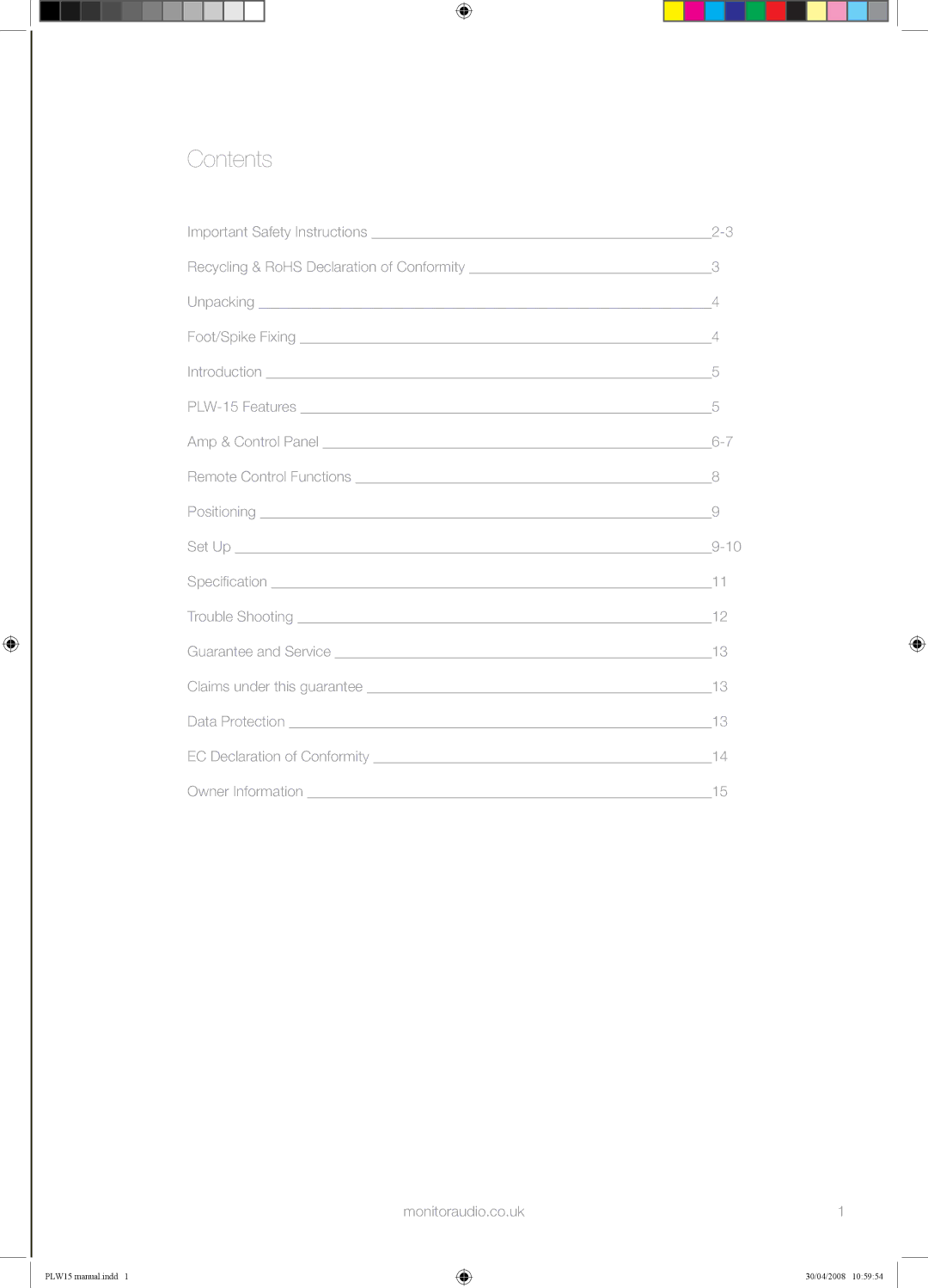 Monitor Audio PLW-15 manual Contents 