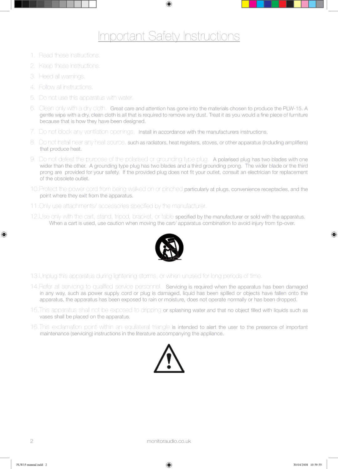 Monitor Audio PLW-15 manual Important Safety Instructions 