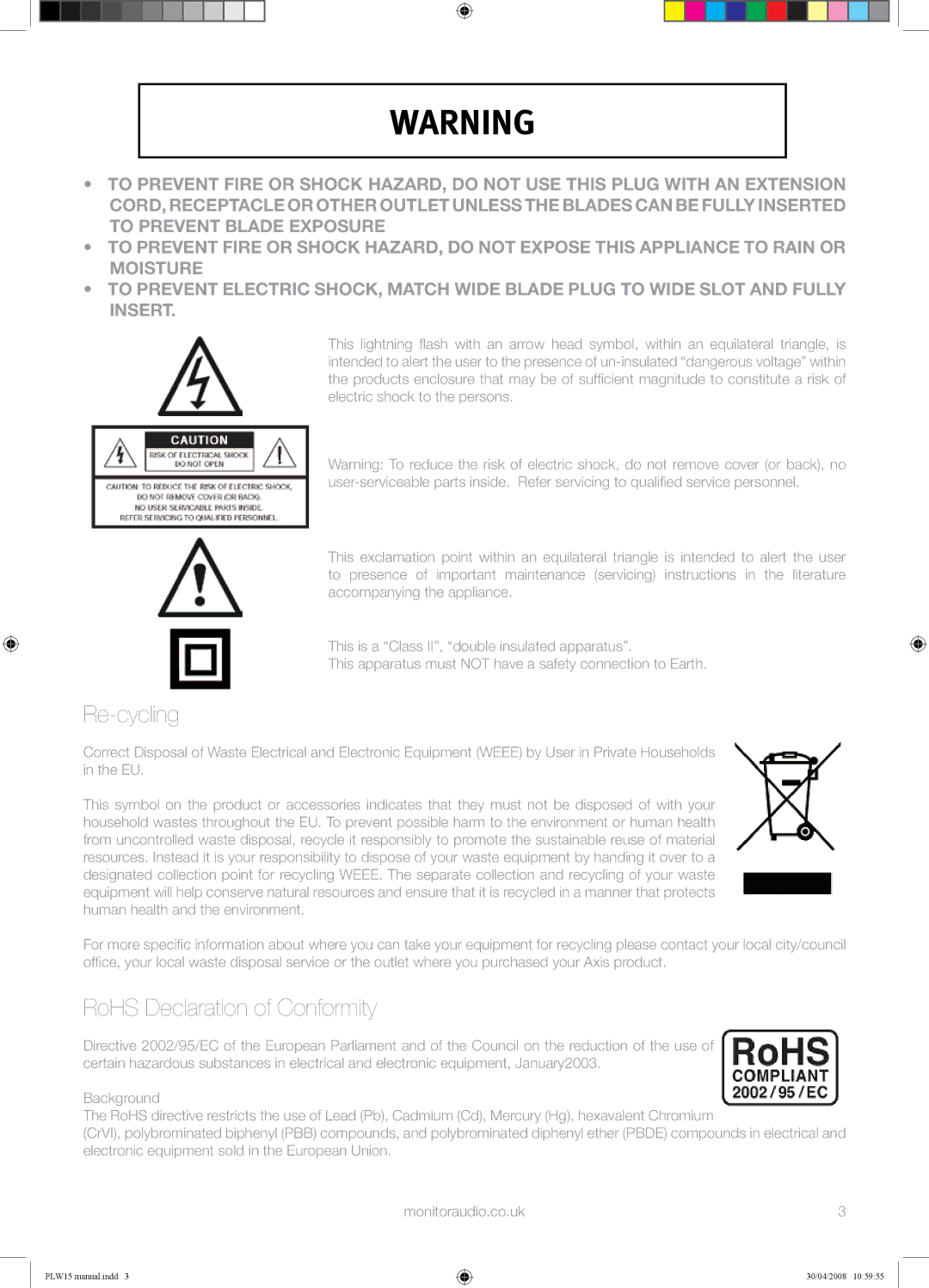 Monitor Audio PLW-15 manual Re-cycling, RoHS Declaration of Conformity 