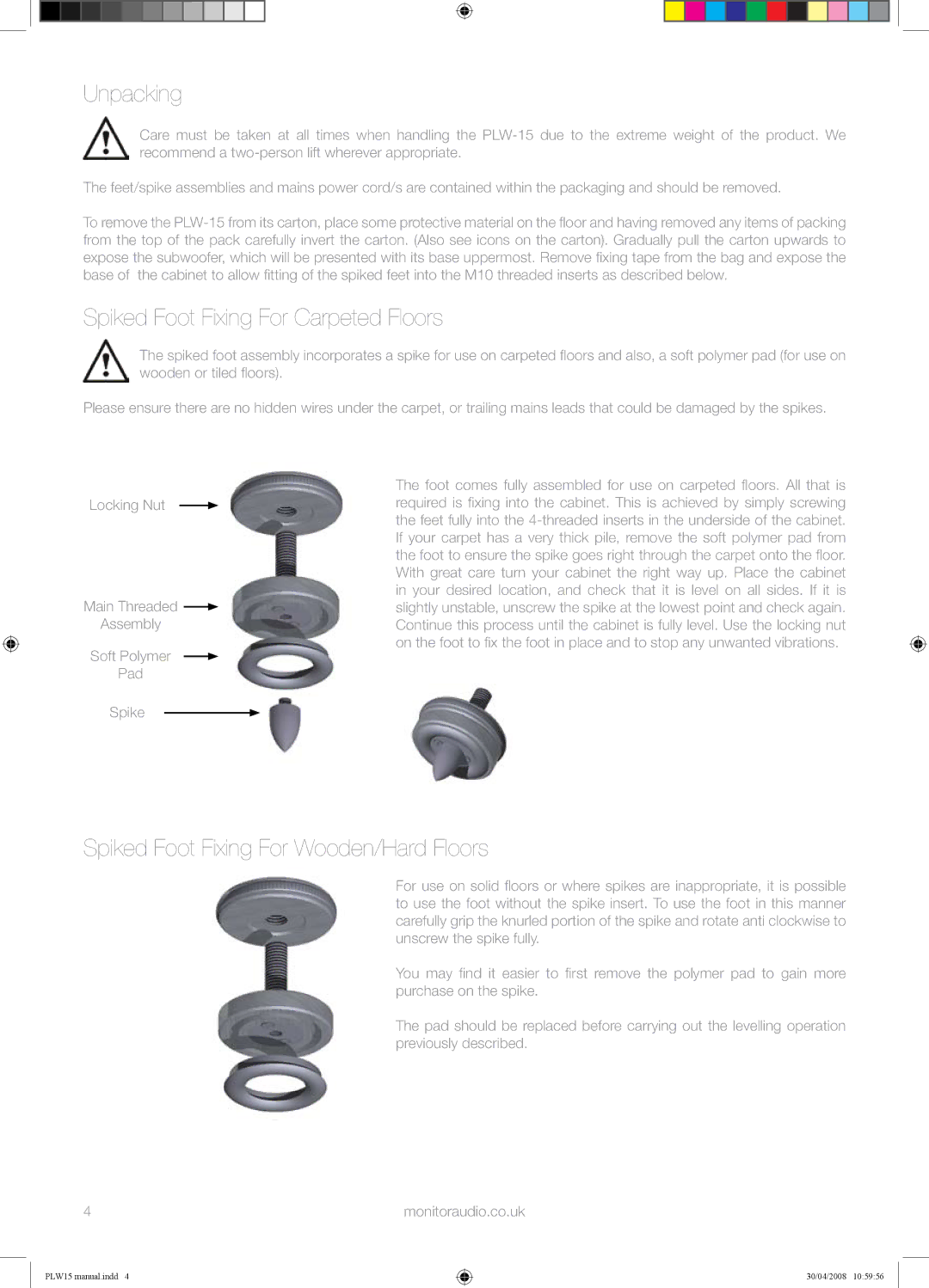 Monitor Audio PLW-15 manual Unpacking, Spiked Foot Fixing For Carpeted Floors, Spiked Foot Fixing For Wooden/Hard Floors 