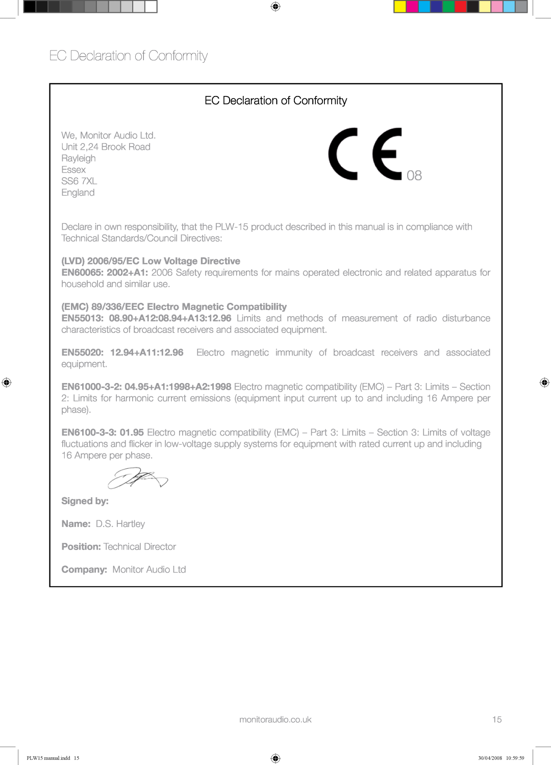 Monitor Audio PLW-15 manual EC Declaration of Conformity, LVD 2006/95/EC Low Voltage Directive, Signed by 